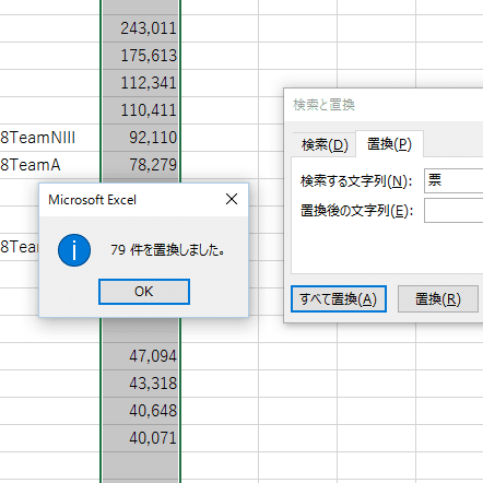 「票」の文字を置換で削除