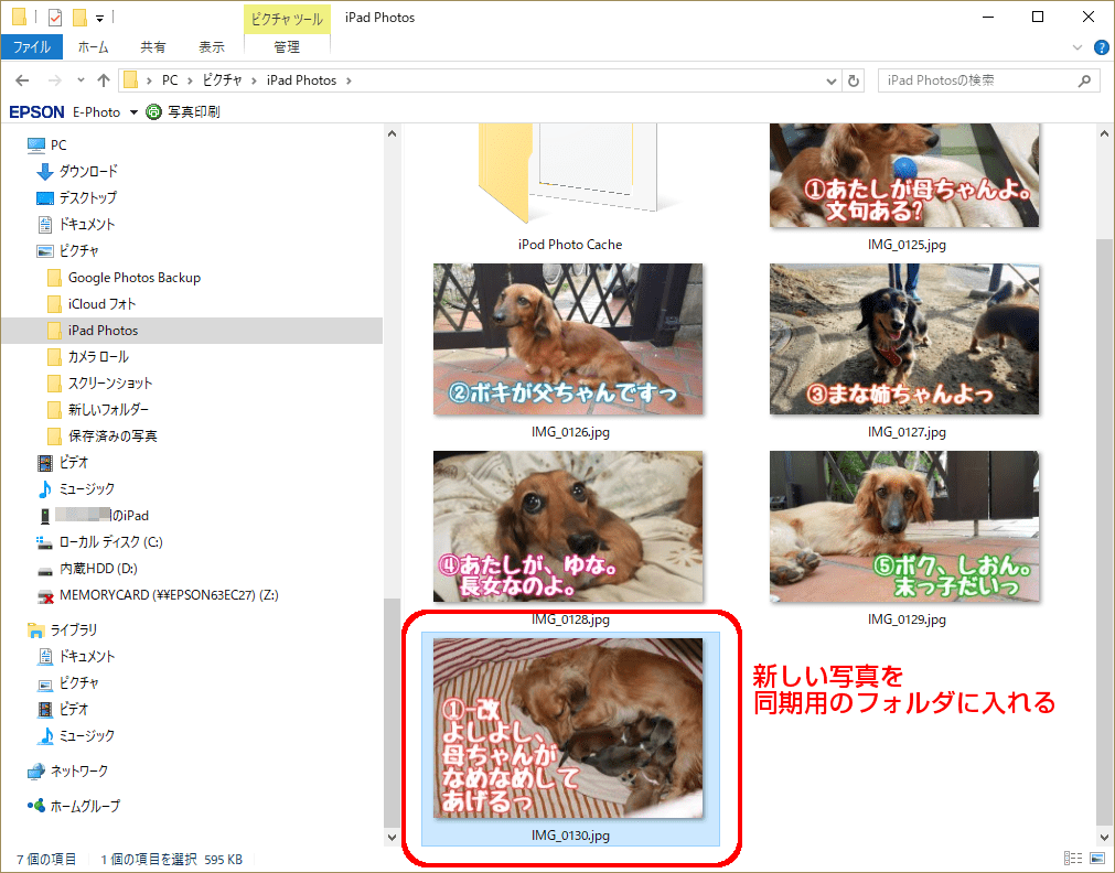 新しい写真を同期用のフォルダに入れます
