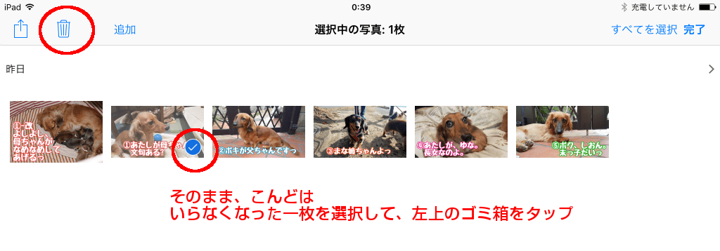そのまま、こんどはいらなくなった写真を削除