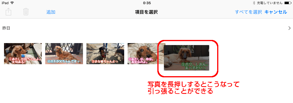 写真をひっぱって位置を変えられます