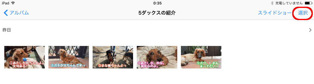 できたアルバムの右上の「選択」をタップ