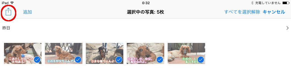 すべてにチェックが入ったら左上の共有ボタン