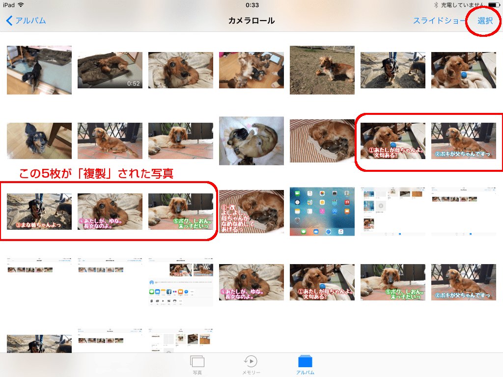 カメラロール内で「選択」をタップ