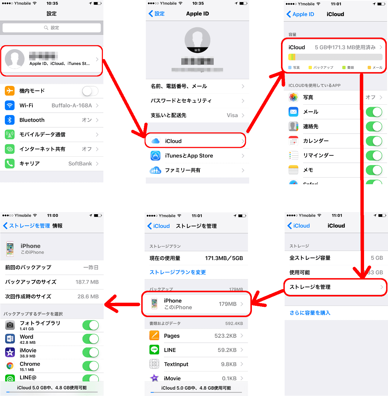 iCloudバックアップの詳細設定にたどりつく手順