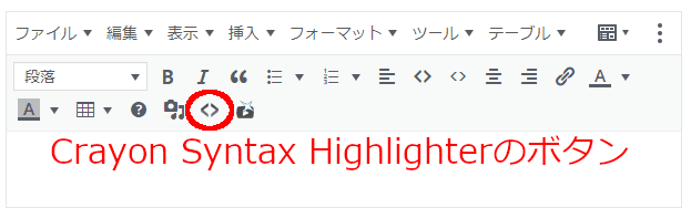 Classic Paragraphにカーソル移動すると、メニューボタンの中に<>のマーク。これがCrayon Syntax Highlighterのボタンです。
