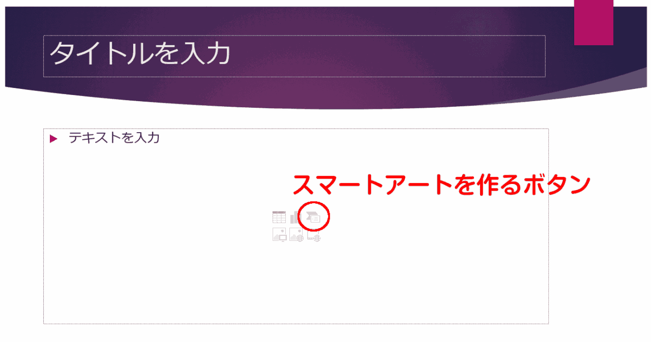 パワーポイントの新規スライドにある、スマートアートを作るボタン