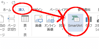 「挿入」タブ→「SmartArt」の順でクリック