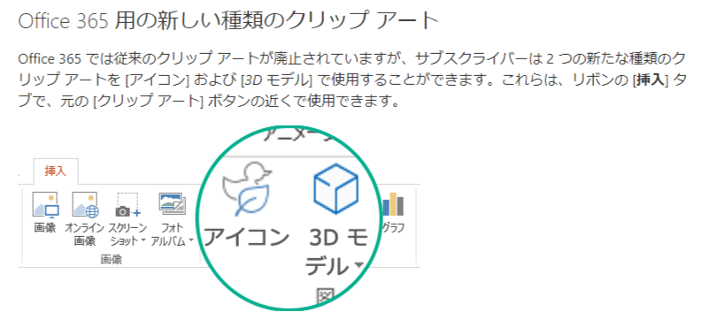 Office 365 用の新しい種類のクリップ アート
Office 365 では従来のクリップ アートが廃止されていますが、サブスクライバーは 2 つの新たな種類のクリップ アートを [アイコン] および [3D モデル] で使用することができます。これらは、リボンの [挿入] タブで、元の [クリップ アート] ボタンの近くで使用できます。