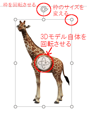 3Dモデルのマウスで引っ張れるところ。　枠のサイズを変える、枠を回転させる、そして中央の矢印付きの丸をひっぱると、3Dモデル自体を回転させる