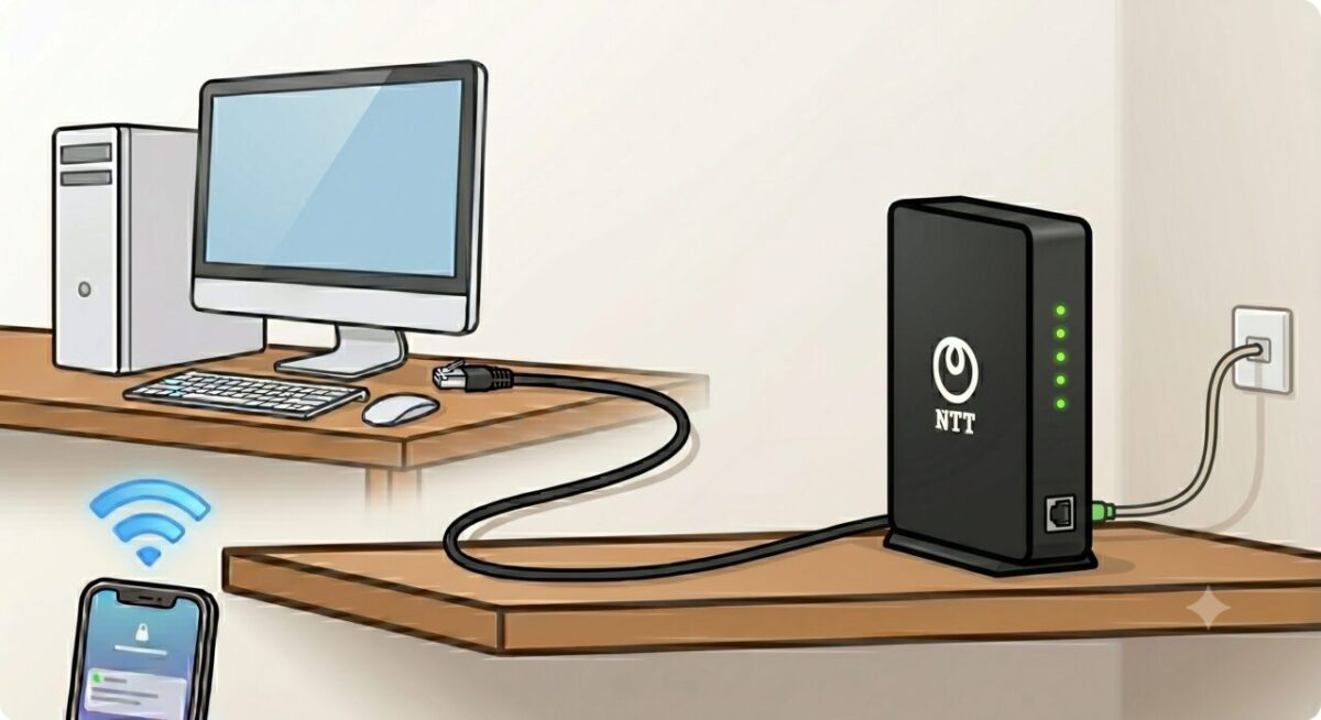 壁のコンセントに接続されたNTTロゴ入りのルーター一体型モデム。1台の機器でパソコンやスマートフォンをインターネットに繋いでいる様子。