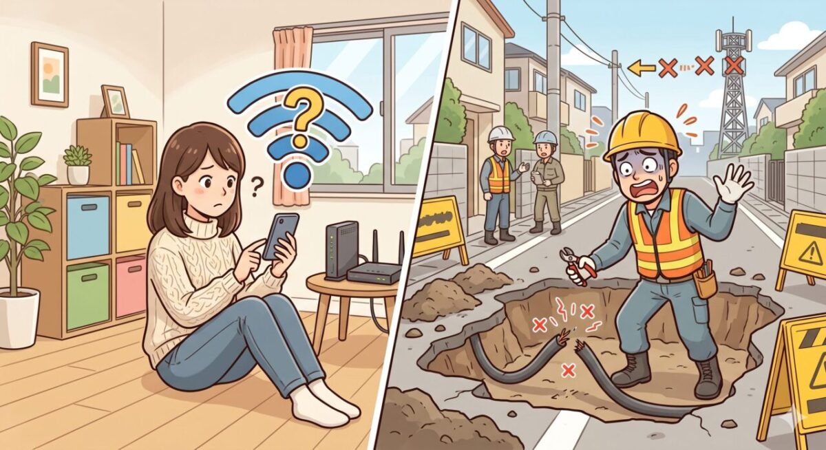 室内でネットが繋がらず困る女性と、屋外の工事で回線が切断された様子。