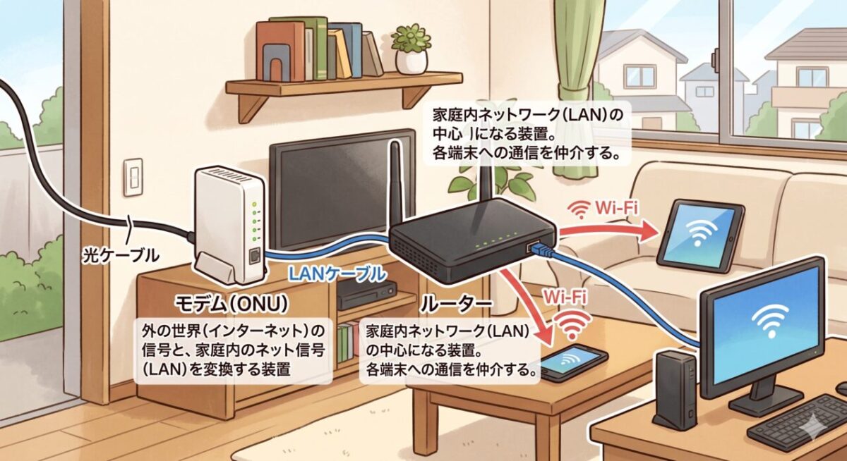 屋外からの光ケーブルがモデムに、モデムがルーターに繋がり、ルーターからWi-FiやLANケーブルでパソコンやスマホに接続される流れのイラスト。