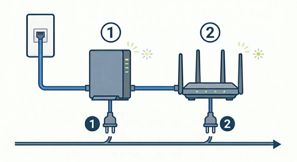壁のコンセントに近い機器から順に電源を入れる手順を示す図。1番目にモデム、2番目にルーターの順で番号が振られています。