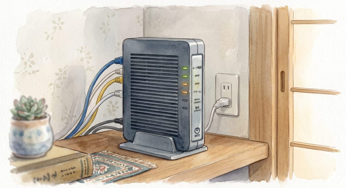 NTTのロゴが入ったモデム(ONU)のイラスト。前面に複数のステータスランプがあり、背面には複数のケーブルが接続されています。