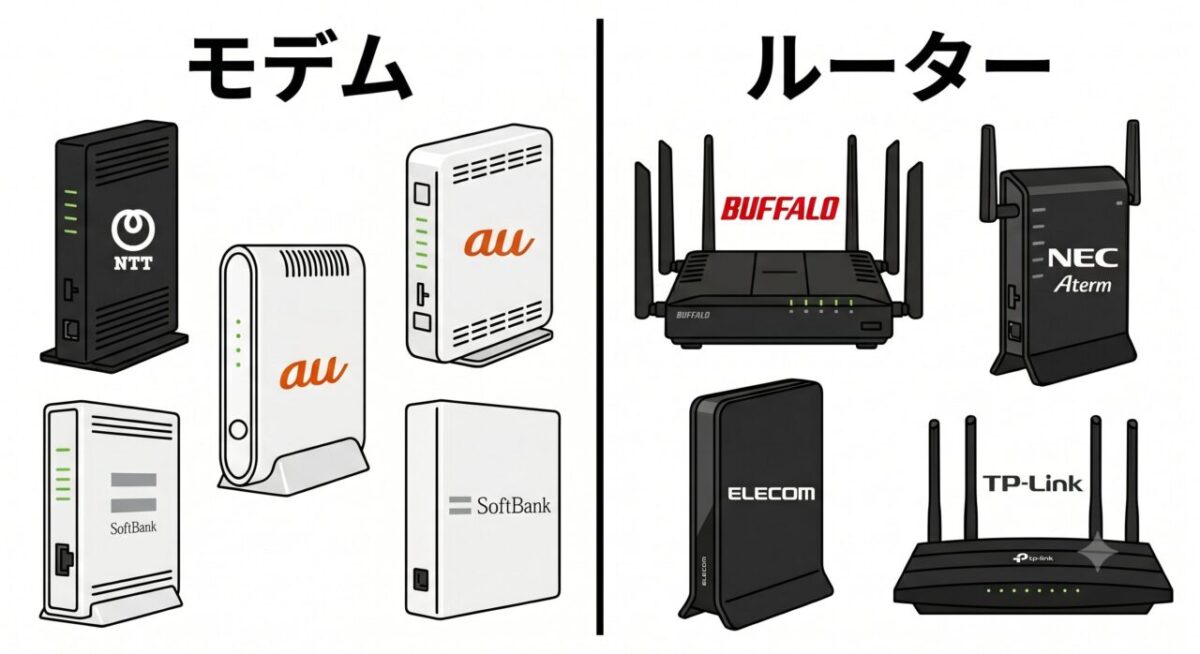 左側にNTTやau、SoftBankのロゴがあるモデム、右側にBUFFALOやNEC、ELECOM、TP-Linkのロゴがあるルーターを並べた比較図。