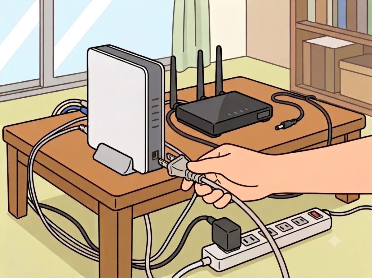 ネットワーク機器の背面から電源プラグを抜いて電源を落とす様子。