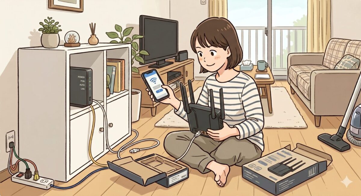 モデムと新しいWi-FiルーターをLANケーブルでつなぎ、スマホを手に設定を確認している女性のイラスト。
