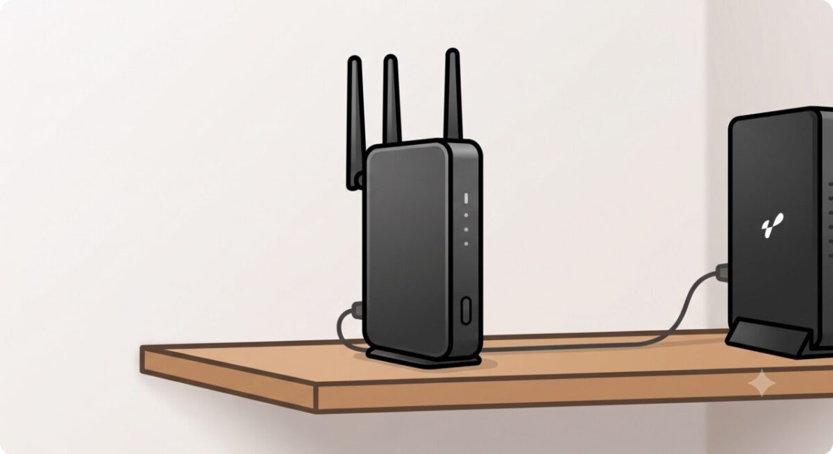 棚に並んだモデムと3本のアンテナがあるWi-Fiルーター。右側のモデムから左側のルーターへケーブルが接続されている様子。