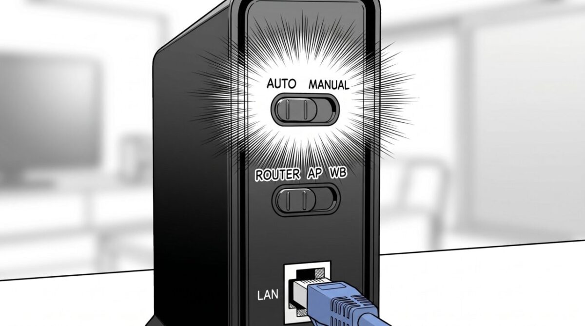 Wi-Fiルーター背面の切り替えスイッチ。AUTOとMANUALの選択肢がある上のスイッチが、AUTO側に設定され強調されています。