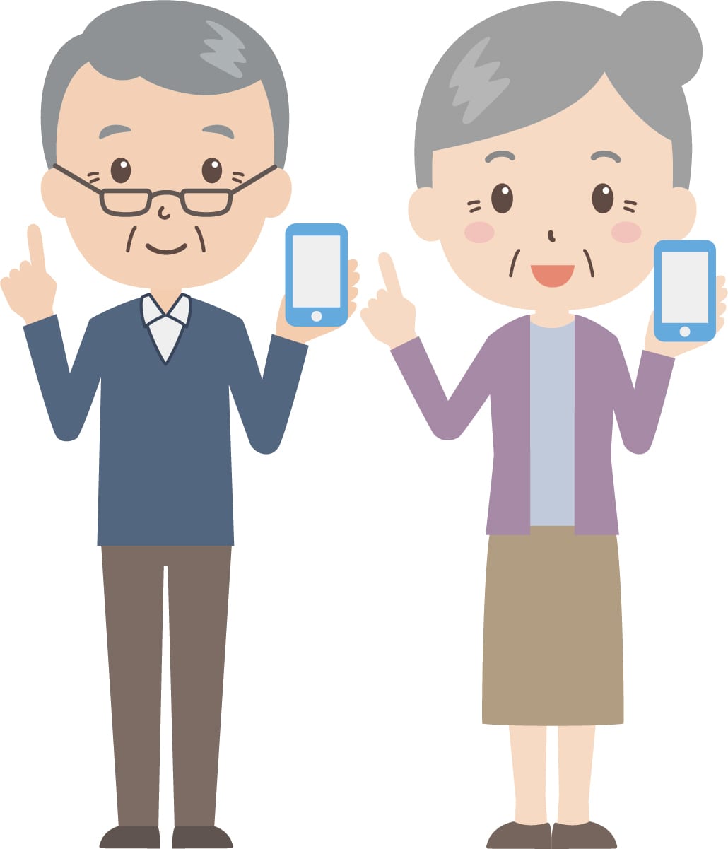 スマホを手に笑顔のシニア夫婦のイラスト