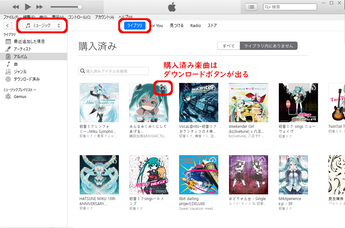 iTunesのミュージックライブラリ 購入済み楽曲にはダウンロードマークで出る