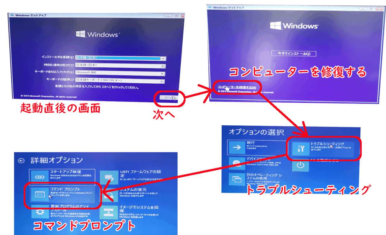 WIndows 10インストールディスクから、回復環境のコマンドプロンプトに入る手順
起動直後の画面で　次へ
コンピューターを修復する
タイルの画面でトラブルシューティング
コマンドプロンプト

