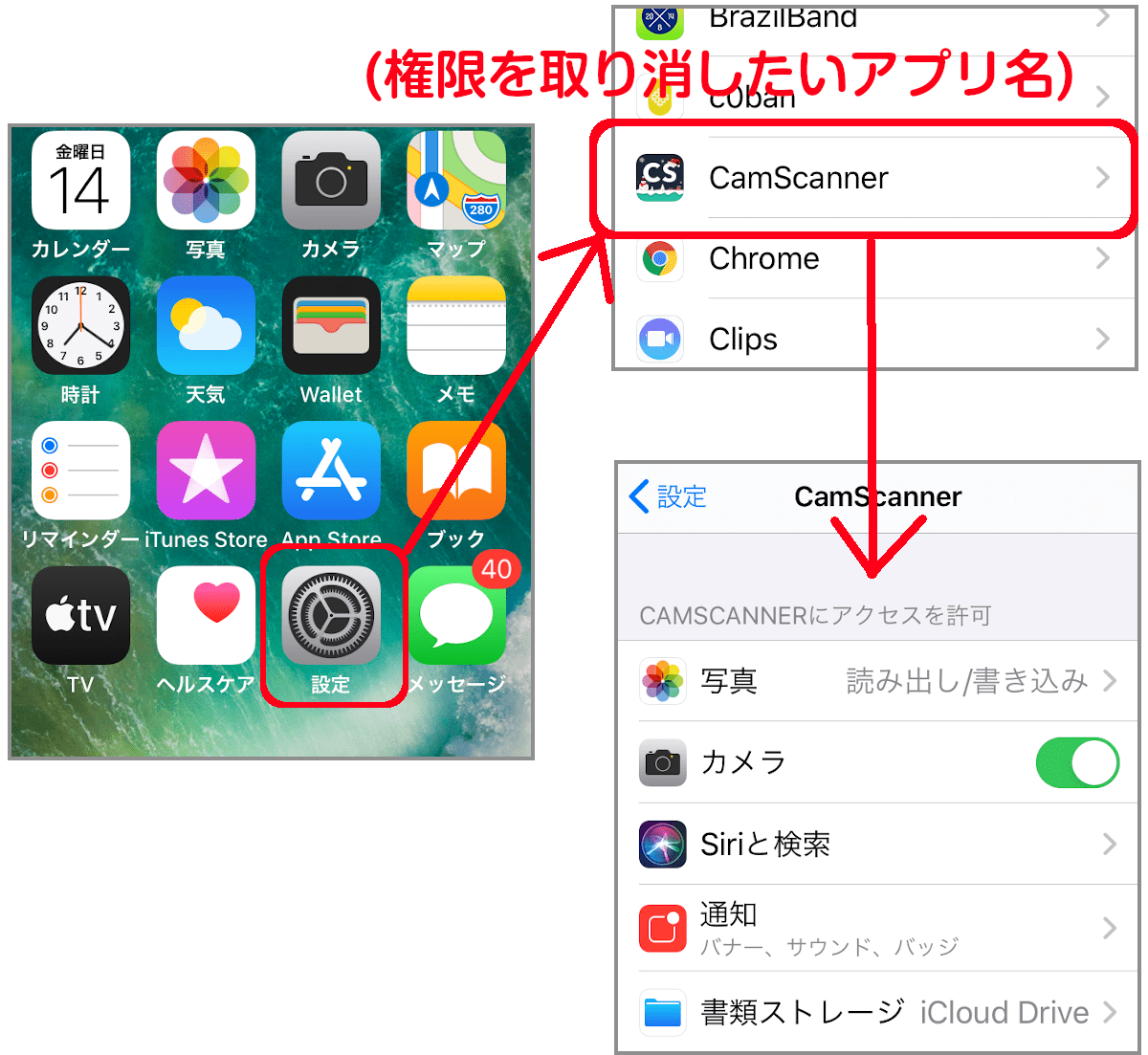 iPhoneで、手動で権限取り消し/許可する
設定→(下の方にスクロール)→(そのアプリの名前) とすると権限の一覧が出ます。