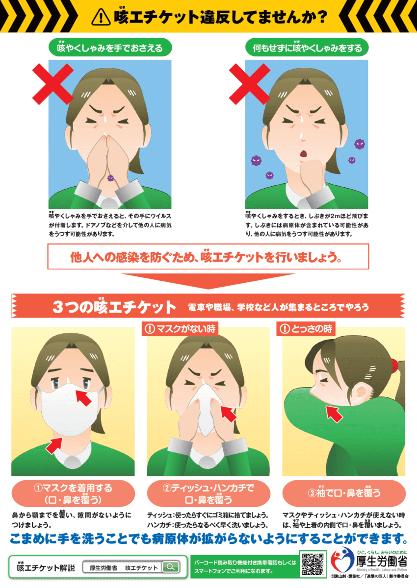 咳エチケット違反してませんか?
他人への感染を防ぐため、咳エチケットを行いましょう。
1.マイクを着用する
2.マスクがないとき、ティッシュ・ハンカチで口・鼻をおおう
3.とっさの時、袖で口・鼻を覆う