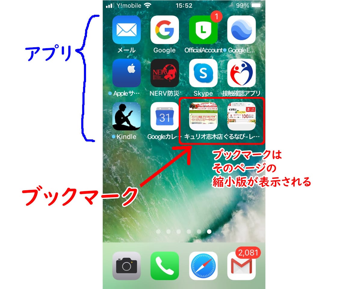 iPhoneの画面にある、アプリとブックマークの説明。ブックマークはそのページの縮小版が表示される