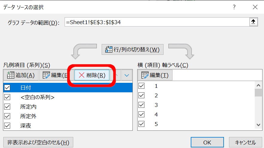 データの選択ダイアログ
日付を削除