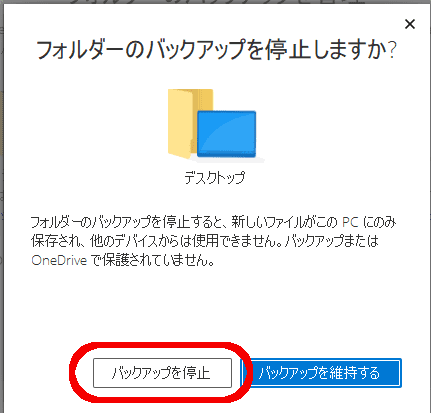 フォルダーのバックアップを停止しますか?
フォルダーのバックアップを停止すると、新しいファイルがこのPCにのみ保存され、他のデバイスからはしようできません。バックアップまたはOneDriveで保護されていません。