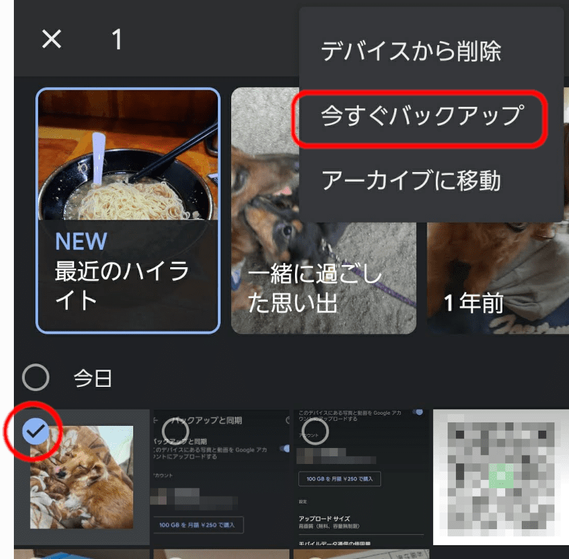 バックアップしたい写真にチェックをつけて「今すぐバックアップ」