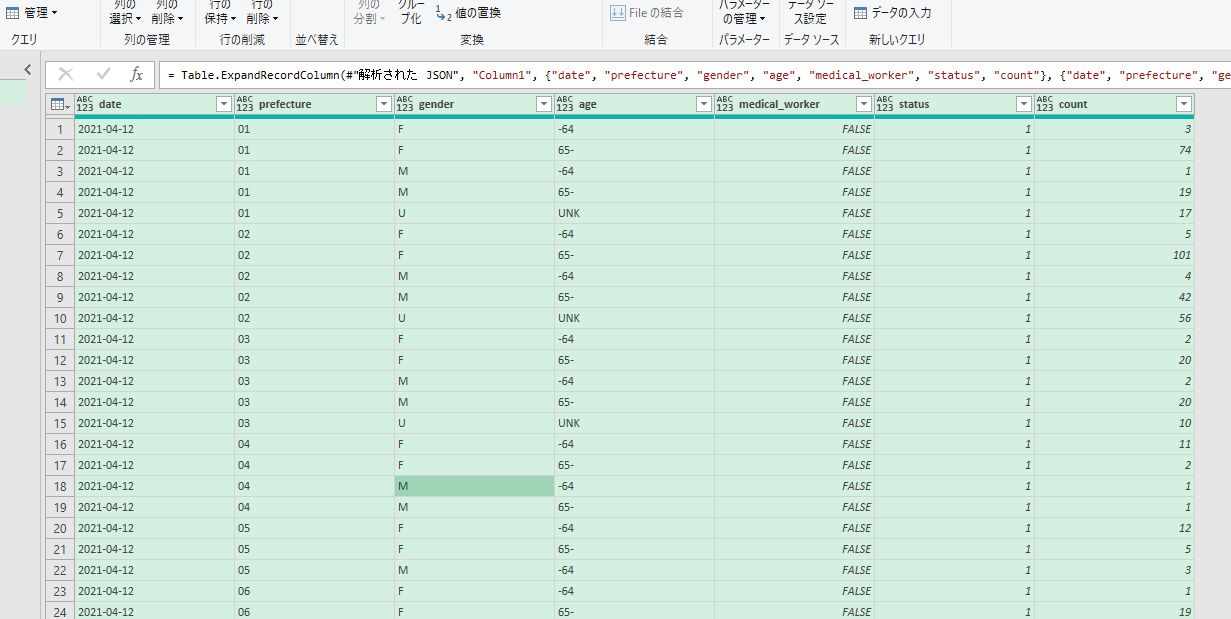 ndjson形式のデータをPower Queryに読み込んだところ