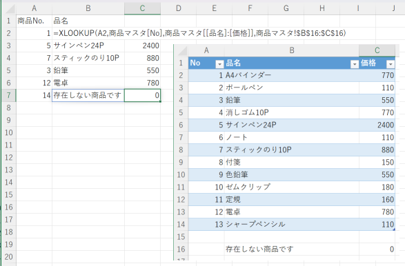引数「見つからない場合」に範囲を指定した場合。14番の商品は「存在しない商品です」価格ゼロと表示されている。