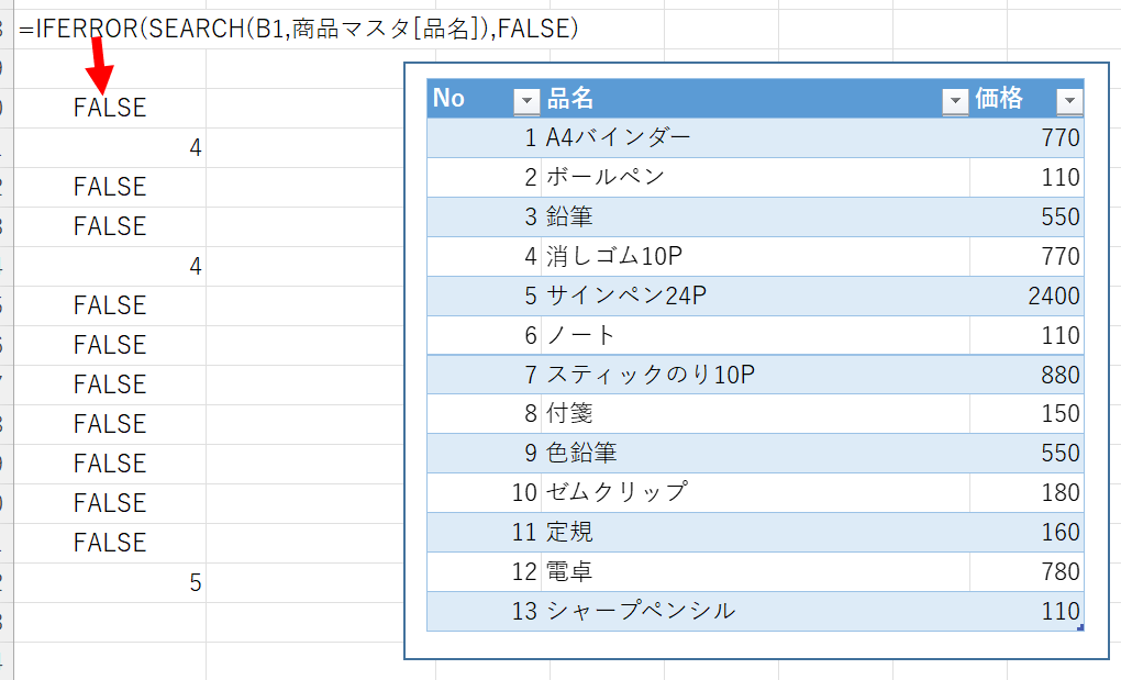 IFERRORとSEARCH関数のネストした部分の戻り値。各レコードの品名の、何文字目に「ペン」が入っているか、という数値の配列になっている