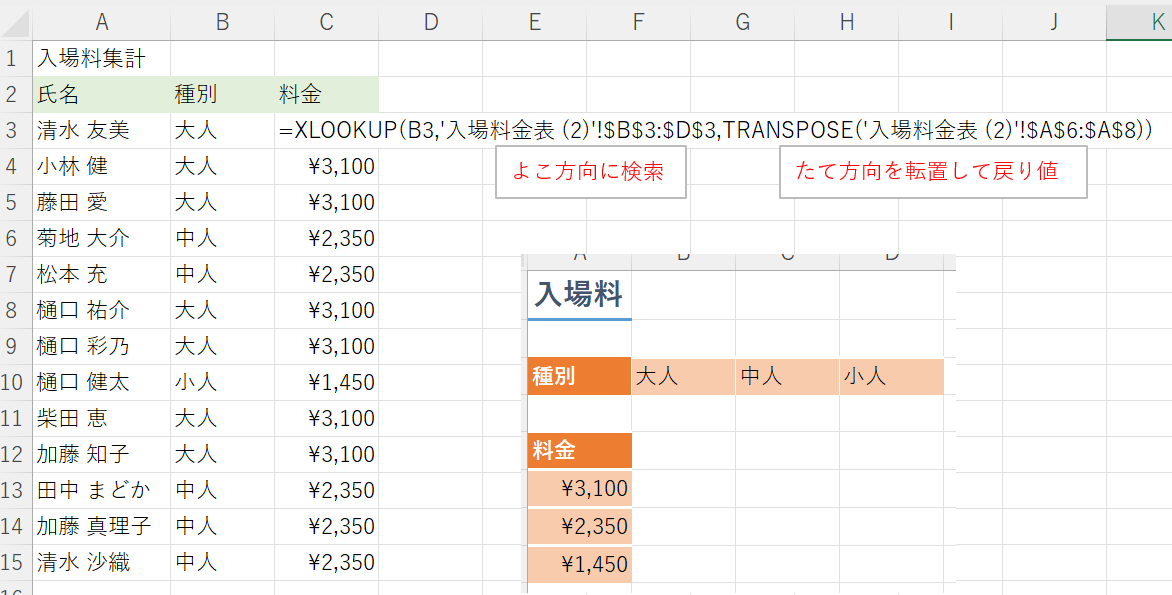 入場料の集計。XLOOKUP関数で、大人、中人、小人と横方向に検索し、たて方向に配置された料金をTRANSPOSE関数で転置して読み取らせた例