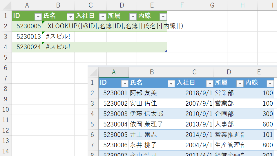 さきほどと同じ名簿抽出をテーブル内でおこなったところ。氏名列のXLOOKUP関数が、スピルできずエラーになっている