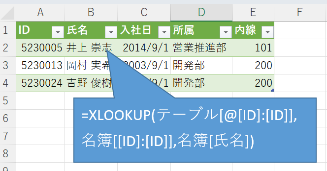 テーブル内でXLOOKUP関数をオートフィルしてみたところ。
構造化参照で絶対参照を実現するには、同じフィールド名を2つ重ねて範囲のように記述する