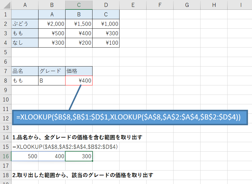 たてに果物の名前が並び、よこにグレードABCが並んでいる表から、特定の果物の特定のグレードの価格を取り出す