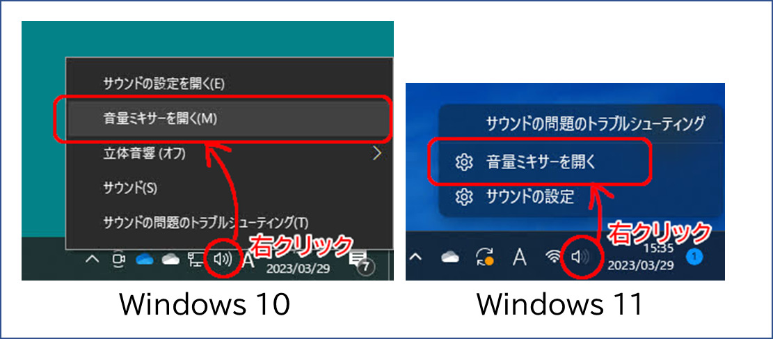 音量ミキサーの開き方 Windows10 Windows 11とも、タスクバーの音量アイコンを右クリックして、出てくるメニューから「音量ミキサーを開く」