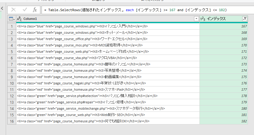 インデックス167から182の行だけが取り出された