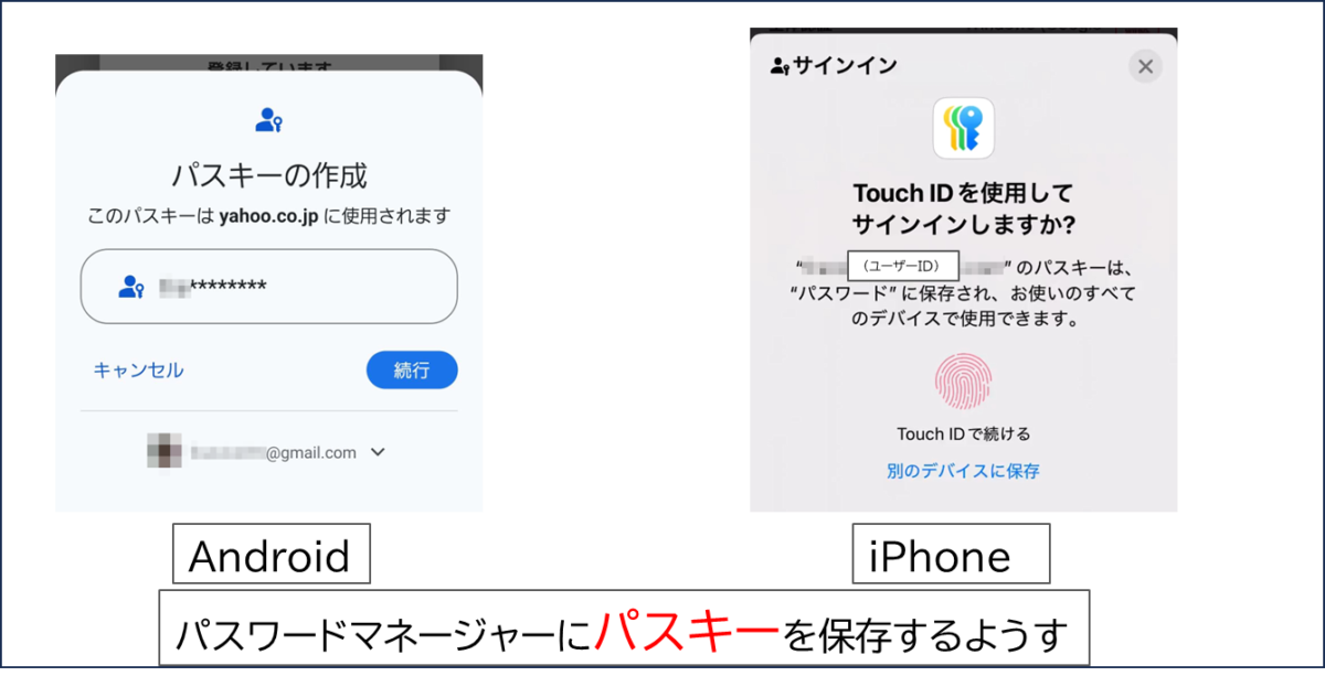 パスワードマネージャーにパスキーを保存するようす
Android iOS