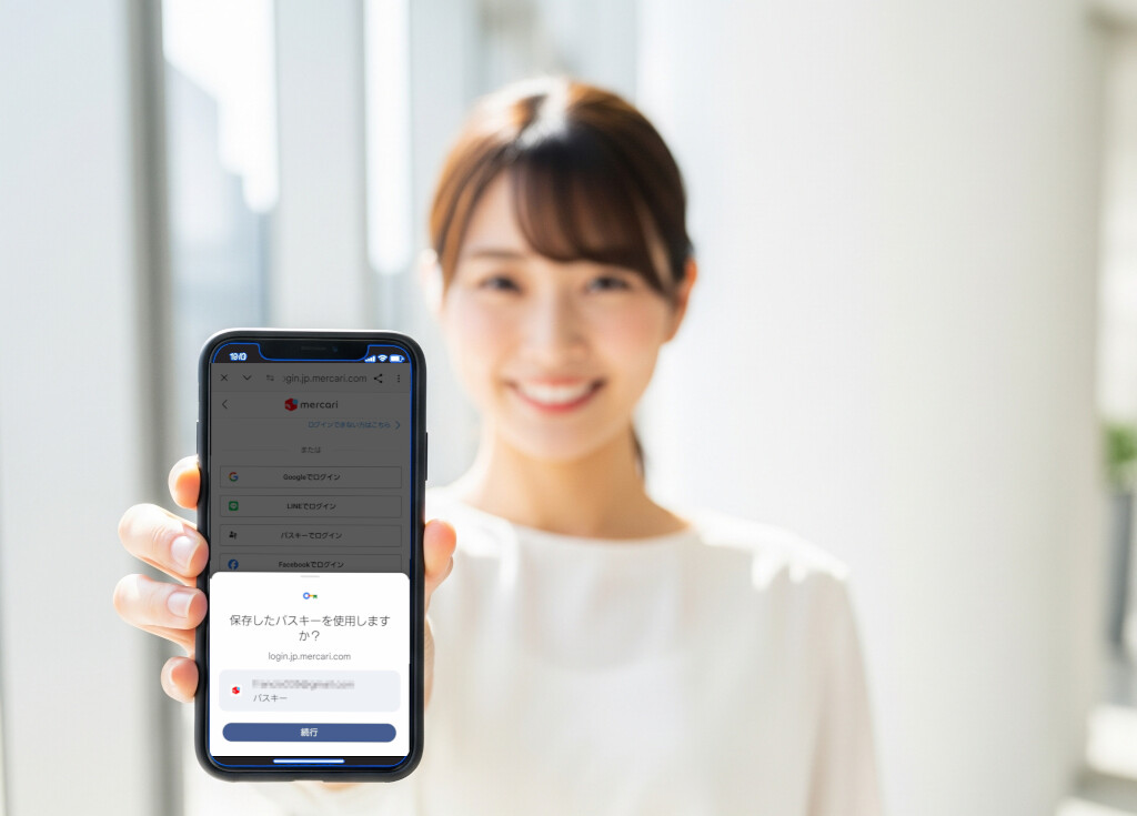 笑顔でパスキーでログインする画面を見せる女性のイメージ