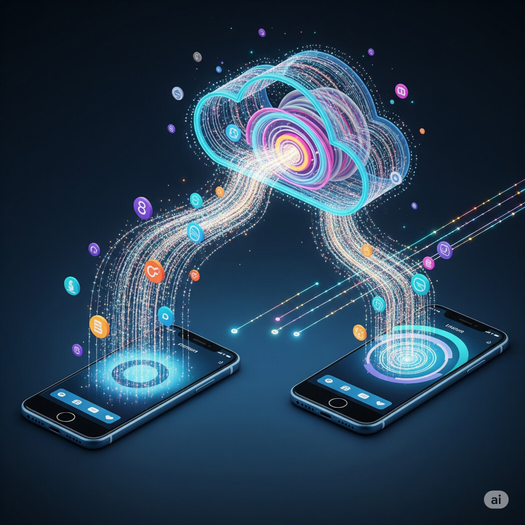 2台のスマートフォンが、クラウドを介して自動的に同期されるイメージ