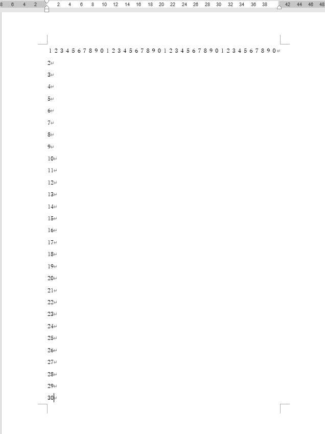 Wordで、40文字・30行に設定した文書。分かりやすいように、一行目と、各行の一文字目に番号を打っている