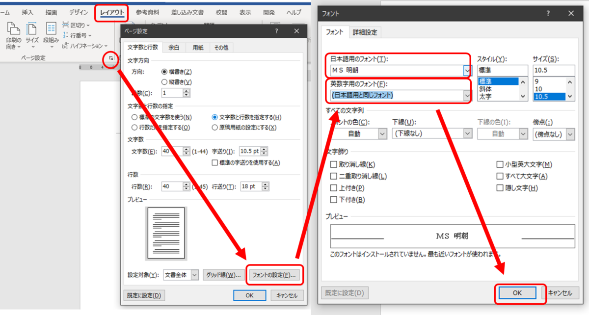レイアウトタブ右下のボタン
ページ設定のダイアログ 右下の「フォントの設定」
フォント設定画面
日本語用のフォント「MS明朝」
英数字用のフォント「日本語用と同じフォント」