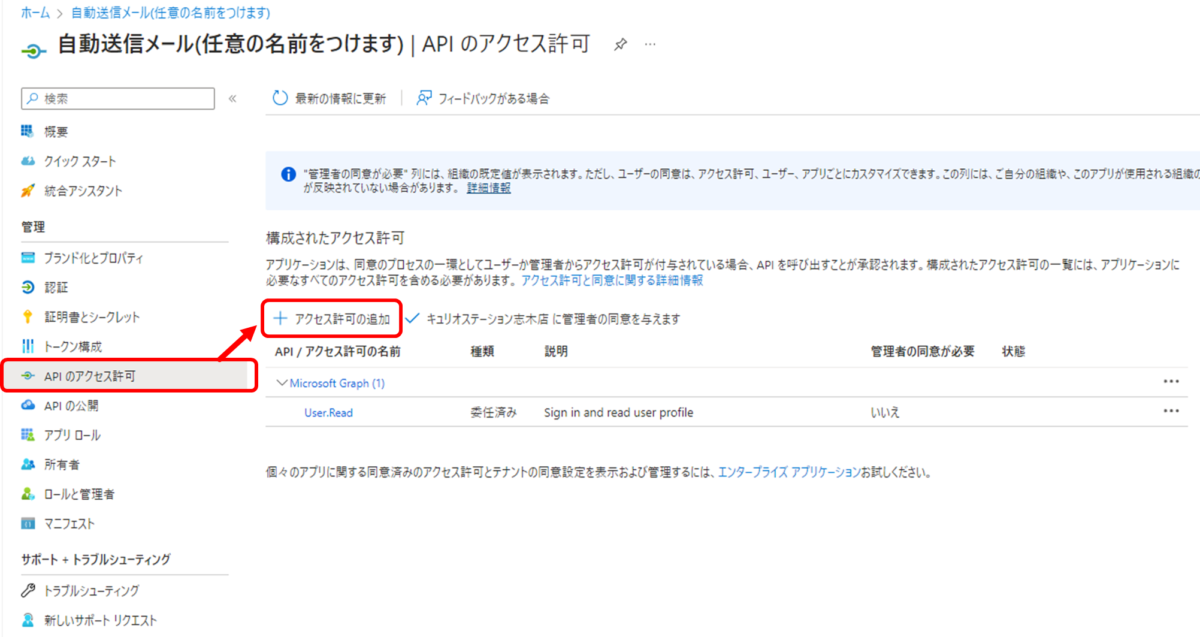 作成したアプリ
APIのアクセス許可
アクセス許可の追加