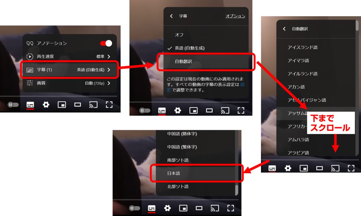 字幕(1)英語(自動生成)をタップ
自動翻訳
言語の一覧を下までスクロール
日本語をタップ