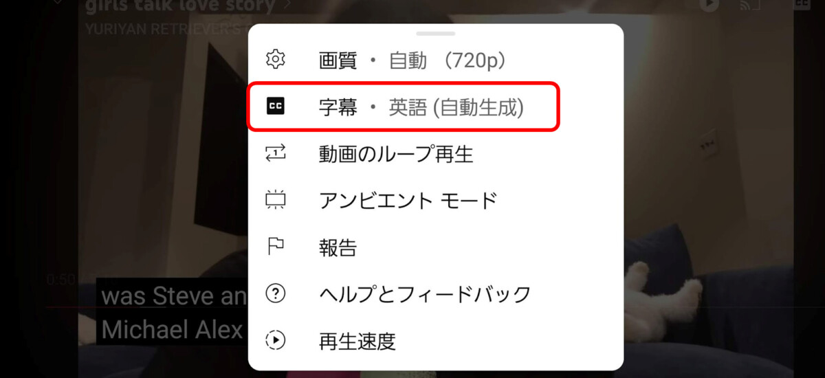 字幕・英語(自動生成)をタップ