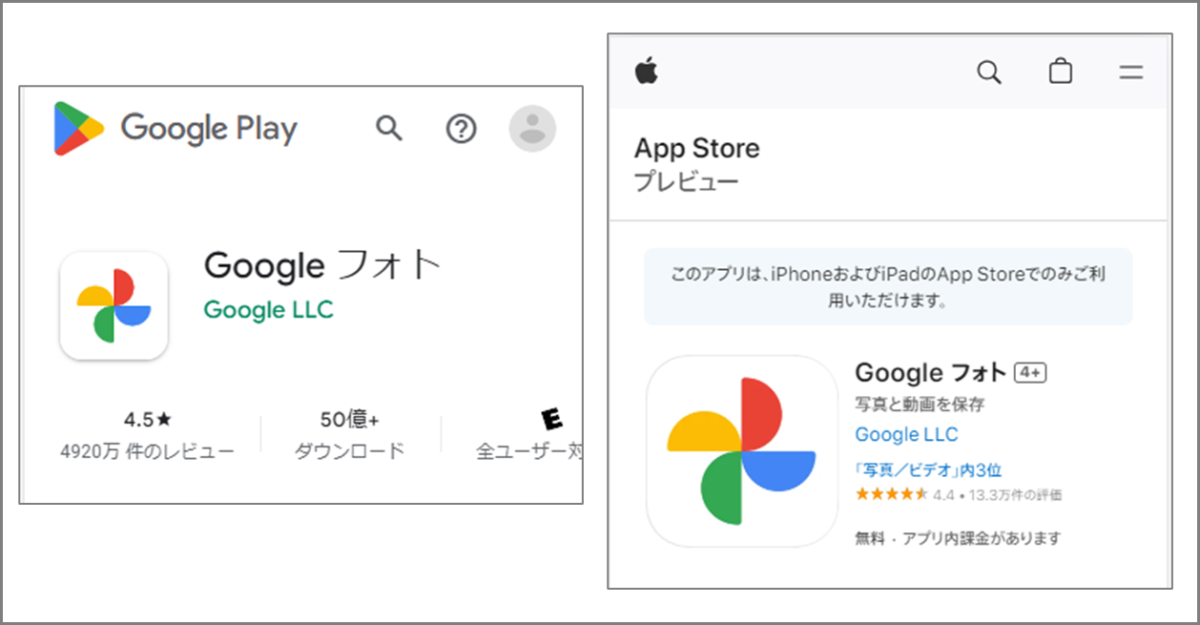 Google Play版Googleフォト
App Store版Googleフォト